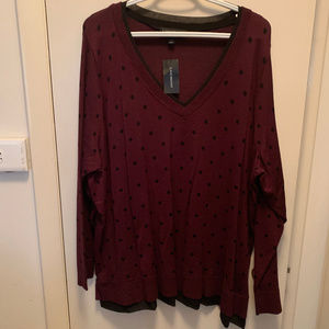 V-neck polka dot sweater with chiffon trim.